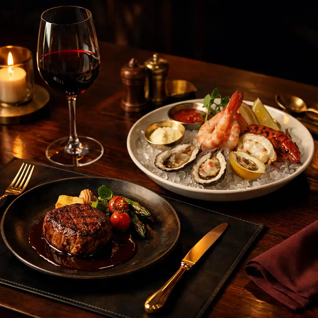 Dopracowany stół degustacyjny z daniem gourmet, winem i ciepłym światłem restauracji