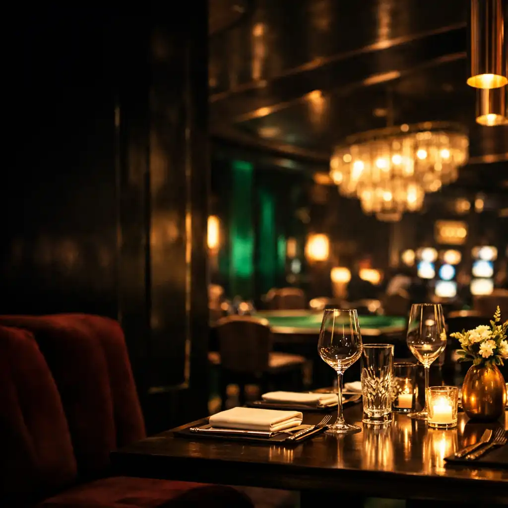 Nakryty stół w nocnym wnętrzu Dish Cellar z dyskretnie widoczną strefą klubową w tle