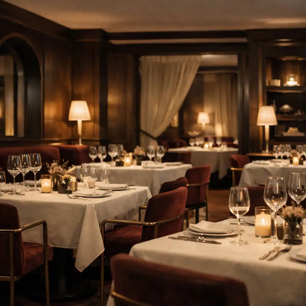 Eleganckie wnętrze Dish Cellar z nakrytymi stołami, ciepłym światłem i burgundowymi akcentami