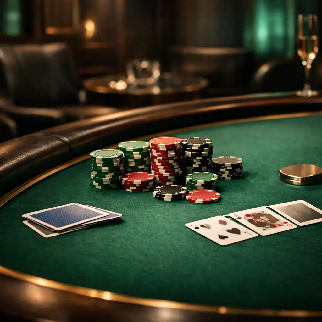 Klasyczny zielony stół pokerowy z kartami i żetonami.
