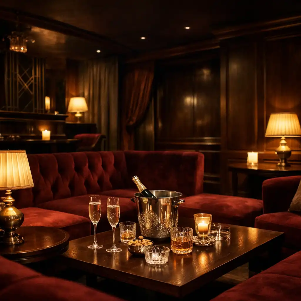 Kameralny lounge VIP z burgundowymi akcentami i miękkim światłem.