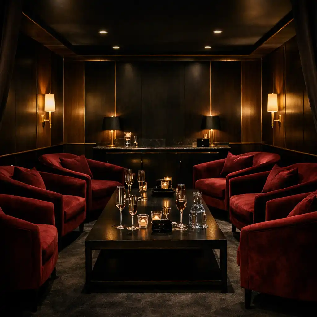 Prywatny salon VIP z burgundowymi fotelami i ciepłym światłem