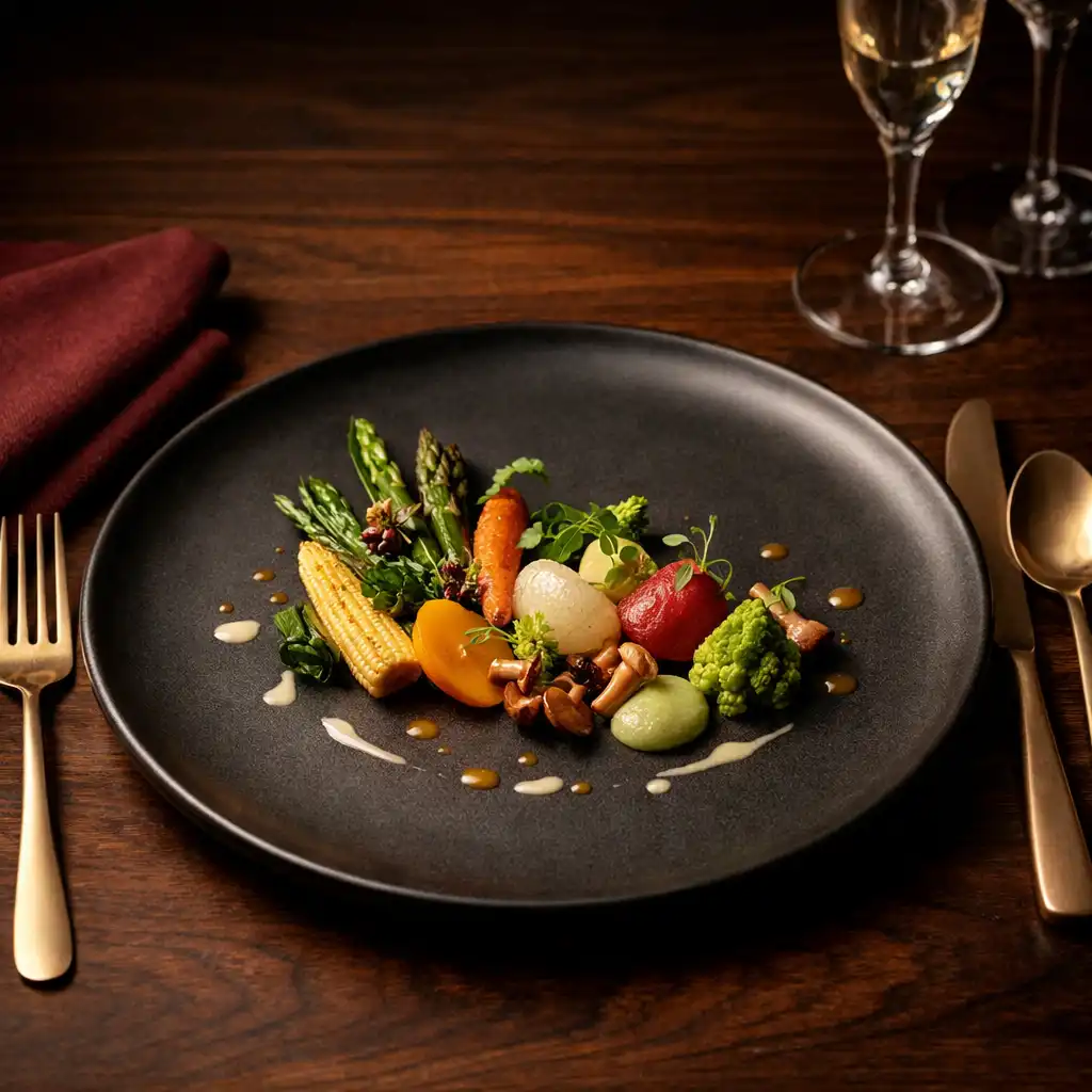 Starannie podane danie fine dining na ciemnej ceramicznej zastawie