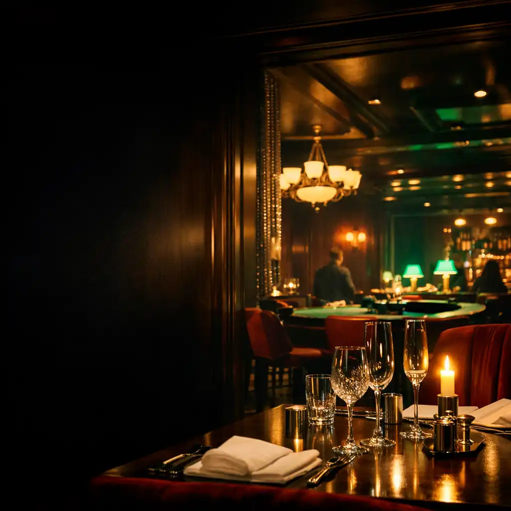 Nocne wnętrze Dish Cellar z eleganckimi stolikami i dyskretną strefą gier