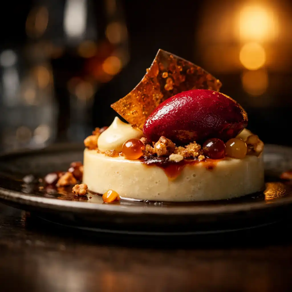 Autorski deser fine dining w kremowych, bursztynowych i burgundowych tonach