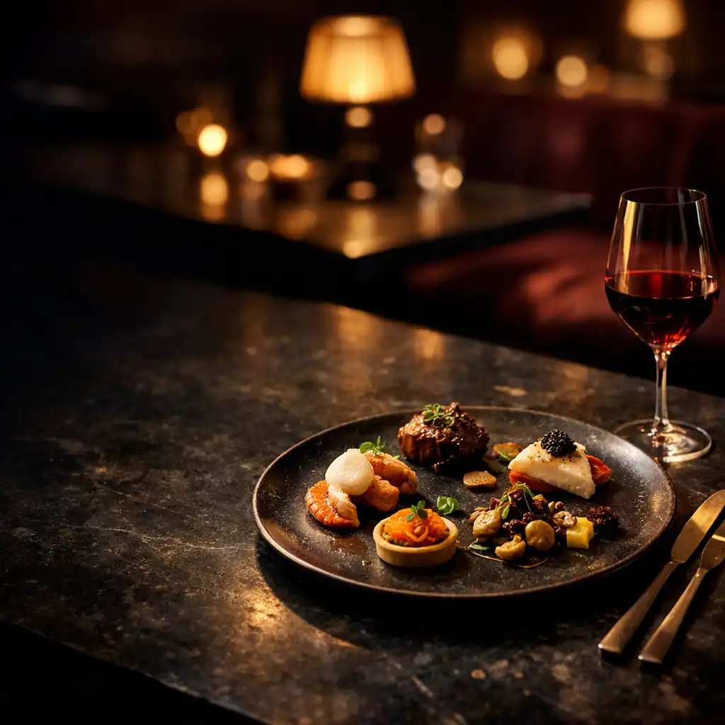 Dopracowany talerz degustacyjny na ciemnym stole w nocnej restauracji