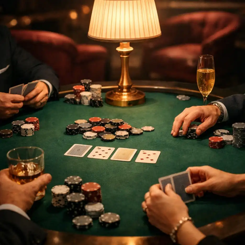 Dłonie uczestników przy zielonym pokerowym stole w kameralnym wnętrzu Dish Cellar