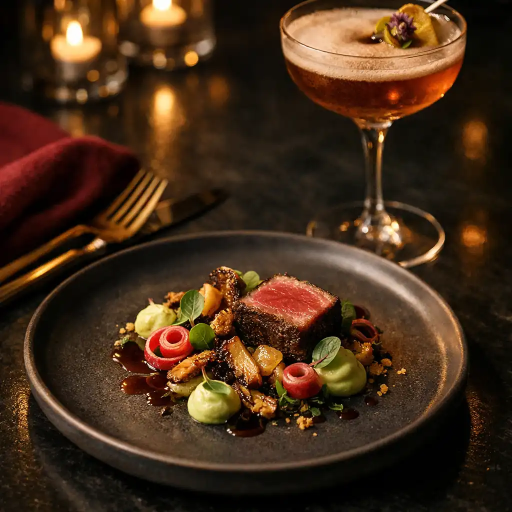 Danie fine dining i koktajl na ciemnej zastawie podczas eleganckiej kolacji