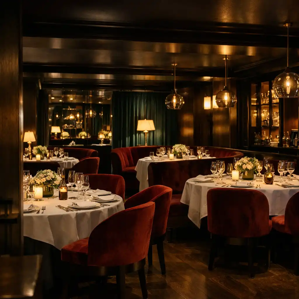 Nocne wnętrze restauracji z nakrytymi stołami, burgundowymi siedziskami i ciepłym światłem