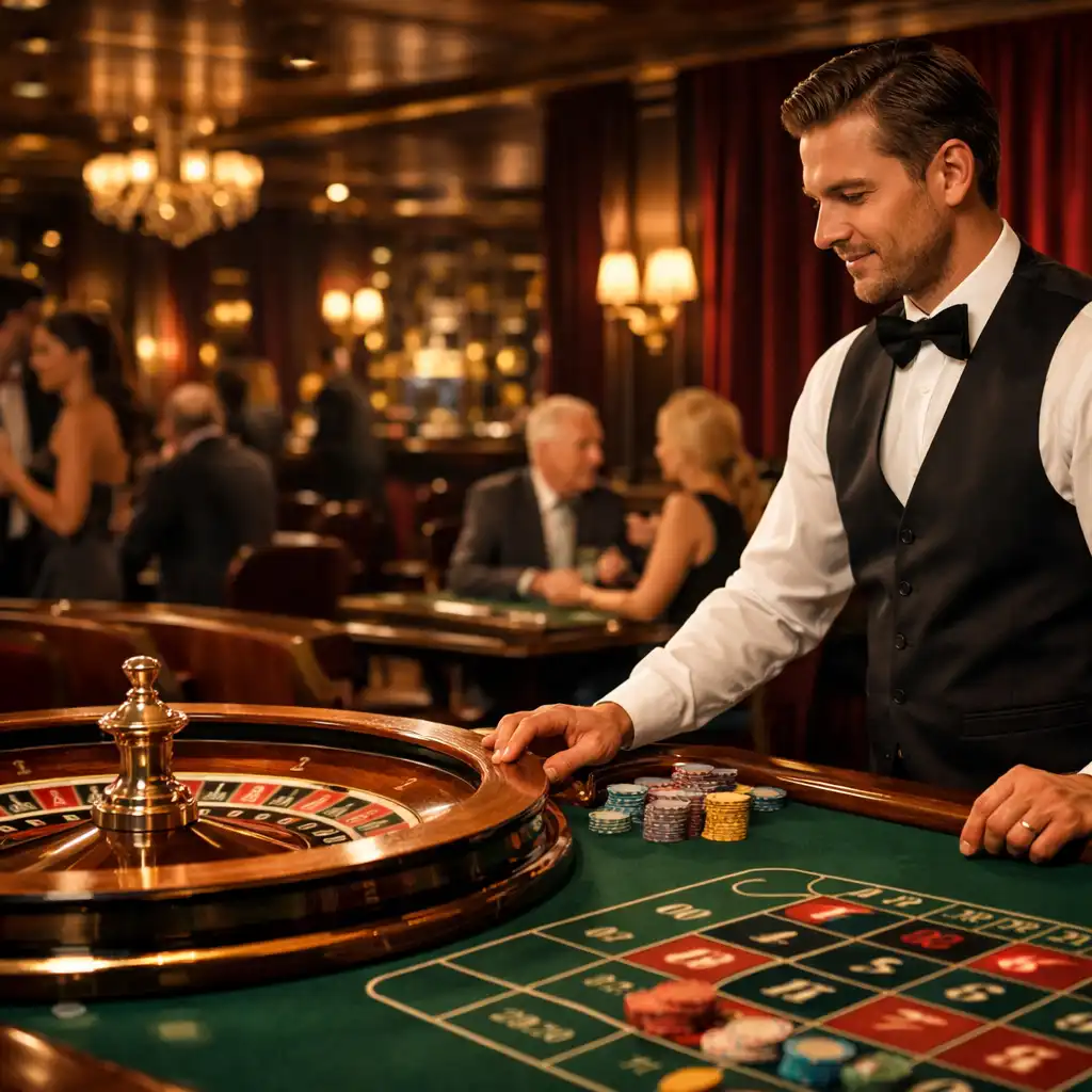 Stół ruletki i krupier w eleganckim wnętrzu Dish Cellar